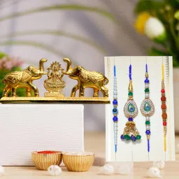 Bhaiya Bhabhi Bhaiya Bhabhi Rakhi Combo Gift Set Assorted, Gold, Gold Finish, Kundan, Mauli Thread, Pearl, Zardosi Rakhi, Showpiece, Chawal Roli Pack Set-image-12