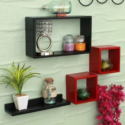 Beautiful Wooden Rafuf and Rectangle Floating Wall Shelf Set of 4 (Red & Black) MDF (Medium Density Fiber) Wall Shelf-image-15