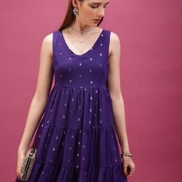 tokyo talkies Women Tiered Purple, Silver Knee Length Dress-picture-22