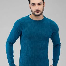 Men Solid Round Neck Blue Sweater-image-64