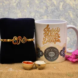 Designer Bro Design Rakhi With "Happy Raksha bandhan " Printed Mug Best Gift For Brother/ Best Brother/Bhaiya Mauli Thread, Kundan Mug, Rakhi, Chawal Roli Pack, Greeting Card Set-13