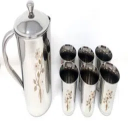 FLOWER JUG 2 LITTER + 06 PARI GLASS 400 ML EACH Jug Glass Set-image-1