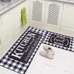 aazeem Silver Checkered Polyester Antiskid Machine Made Floor Runner and Door Mat Combo-picture-15