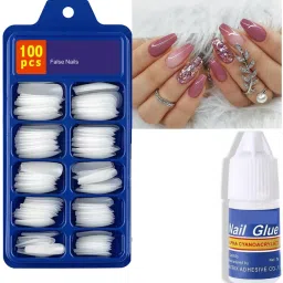 Fabulous 100pcs Artificial Reusable False Artificial Nails & Glue White-image-0