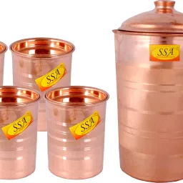 Pure Copper Jug / Pitcher with 4 Glasses - Drinkware Set - Silver Touch Design - (Capacity = 1.8 - Liter) - 5 Pieces Set Jug Glass Set-picture-3