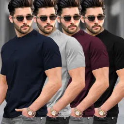 Pack of 4 Men Solid Round Neck Cotton Blend Multicolor T-Shirt-image-29