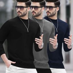 Pack of 3 Men Solid Round Neck Cotton Blend Multicolor T-Shirt-picture-17