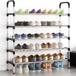 ® 5 layer Stackable Shoe Rack, Free-standing Stainless Steel Shoe Storage Shelf PP Collapsible Wardrobe-2