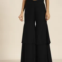 Women Flared Black Viscose Rayon Trousers-image-35