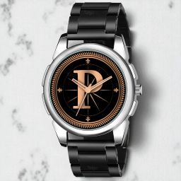 Fancy Design Stylish ALPHABET P Dial Black Leather Strap Men Wrist Watch Analog Watch - For Men ALPHABET P Design Letter P Style ALPHA-P-J16-SIL-CDBLK-image-105