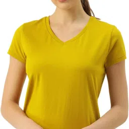 E067 Stretch Cotton Women Solid V Neck Cotton Blend Yellow T-Shirt-image-71