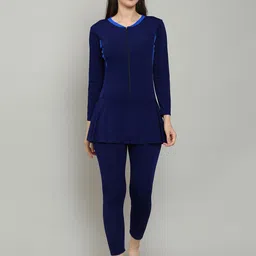 megaska One Piece Full Cover with Removable Chest Pads Front Zipper Frock Style Design Solid Women Swim-dress Dark Blue Swimsuit-picture-27