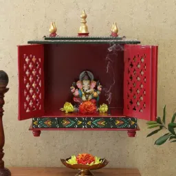 india home wood Green Sheesham Wood Wall Mounted Mandir With Door-picture-10