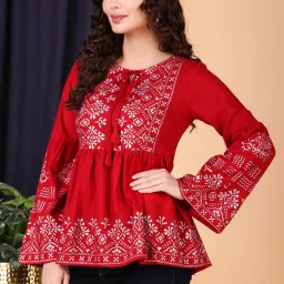 Casual Bell Sleeves Printed Women Red Top-image-69