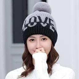 Women's stylish winter woolen cap soft warm fur inside pom-pom on top for girls Woven Beanie-14