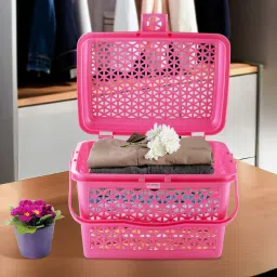 Plastic Multipurpose Small Storage Box with Lid & Handle | Barbie Pink Storage Basket-3