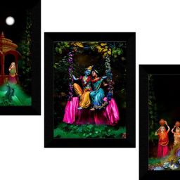 Radha Krishna Framed Set of 3 Ink 13.5 inch x 22.5 inch Painting-18
