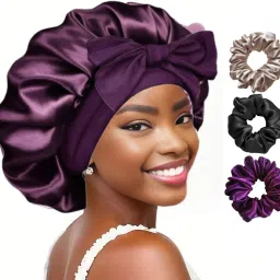 Silk Satin Bonnet for Curly Hair with Soft Tie Band with Free 3 Satin Scrunchies-46