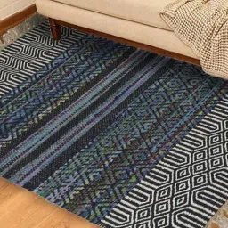 art india Blue Jute Cotton Reversible Hand Woven 3 x 2 Feet Dhurrie-picture-18
