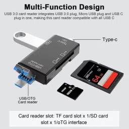 Rhytech 6 in 1 OTG Card Reader with Type-C, USB & Micro USB Ports TF, SD, Micro SD,SDHC Card Reader image 2