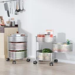 Pack of 2 Kitchen 2+1 Layer Metal Storage Rack with Wheels | Round Shape -Silver Iron Kitchen Trolley-image-81