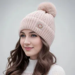 Cute woolen warm ( soft warm fur inside pom-pom on top ) winter caps for women Woven Beanie-10