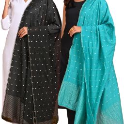 Poly Chanderi Self Design Black, Blue Women Dupatta-image-4