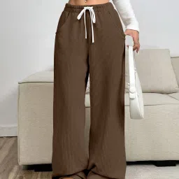 Women Loose Fit Brown Viscose Rayon Trousers-image-3