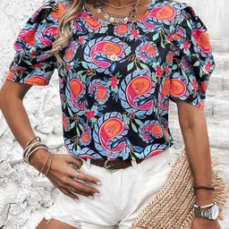 rajovati Casual Puff Sleeves Printed Women Dark Blue, Red Top-picture-43