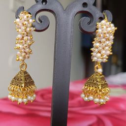 Antique white Gold Pearl jhumka Copper Jhumki Earring-image-10