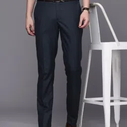 Men Slim Fit Dark Blue Polyester Trousers-image-98