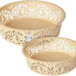 Plastic Leaf Design Round Shape Basket Ideal For Friuts,Small & Large Pack of 2 (Beige) Storage Basket-image-64
