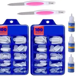 Artificial Nails set- 200 tips with 3 nail adhesive & 2 steel nail filers White-image-9