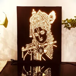 Krishna with Mukut Wood Craving Table Lamp-image-5