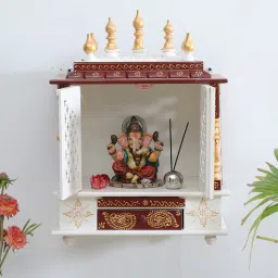 india home wood White & Red Solid Wood Wall Mounted Mandir With Door-picture-22