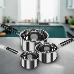 Stainless Steel Sauce Pan Milk Boiler Cookware with Handle 2, 1.5 &1 liter K1 Bowl Serving Set-image-63