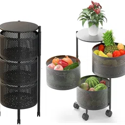3 Layer with Top Layer Kitchen Round Rotating Trolley, Vegetable Storage Rack Carbon Steel Kitchen Trolley-2