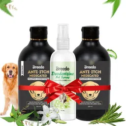 breedo (Combo of 3) Dog & Cat Anti-Itch Shampoo + Anti-Itch Shampoo + Deodorizine Spray Conditioning, Anti-fungal, Anti-microbial, Anti-itching, Anti-dandruff Natural Dog Shampoo-picture-0