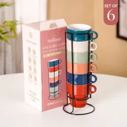 Ceramic Stackable Cups Set Of 6 Multicolour With Box-27