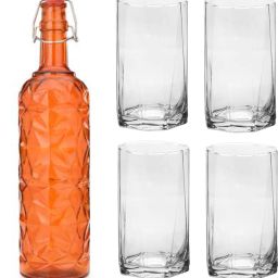Bottle & 4 Glass Serving Lemon Set, Orange, Clear, Glass - A504 Jug Glass Set-image-90