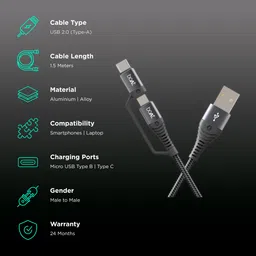 boAt Deuce 330 Type A to Type C, Micro USB 4.9 Feet (1.5M) 2-in-1 Cable (Tangle-free Design, Mercurial Black) image 2