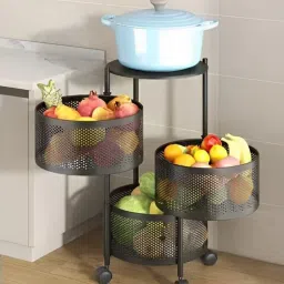 Kitchen Rack 3 Tier Round Rotating Stand, Basket Organizer, Portable Storage, Carbon Steel, Stainless Steel Kitchen Trolley-2