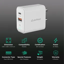 Stuffcool Flow 25W Type A & Type C 2-Port Fast Charger (Adapter Only, BIS Approved, White) image 2