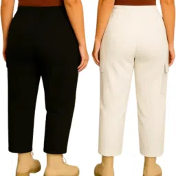 Pack of 2 Women Regular Fit Black, White Cotton Blend Trousers-picture-8