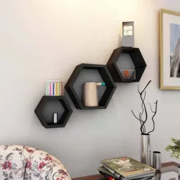 Set Of 3 Hexagon shape Designer Storage Shelves -Brown MDF (Medium Density Fiber) Wall Shelf-image-47