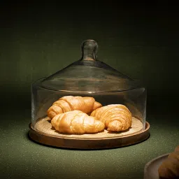 Bell Shaped Glass Cloche with Leaf Etched Wooden Base Glass Cake Server-picture-20