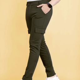 Men Comfort Fit Dark Green Lycra Blend Trousers-image-32