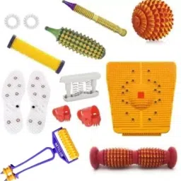 AcuHealth AH67 Acupressure Massager Tools Combo Kit with Multipurpose Roller Massager (Pyramidal cuts) + Bio-Magnetic Power Foot Mat (Magnet-Therapy) + Shoe Sole + Pocket Exerciser + Wooden Ball + Mini Roller With Finger Massager + Karela Plastic + Wooden Jimmy + Wooden Handle Roller + Thumb Pad + 3 Pc Massage Rings For Stress And Pain Relief Acupressure Tool Kit Massager-0