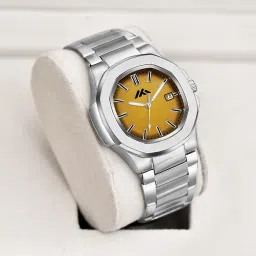 SIlver And Yellow Date Functioning Long Life Sliver Plated chain Quartz Analog Watch - For Men Basic Analog Watch with Date Display-image-53