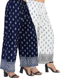 Pack of 2 Women Relaxed Blue, White Viscose Rayon Trousers-image-51